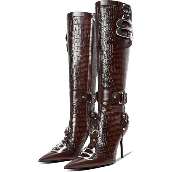 Women's Brown Pointed Toe Slim Calf Sexy Stiletto High Heel Long Tall Boots